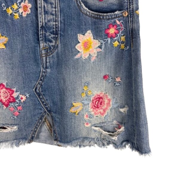 American Eagle Womens Embroidered Floral Denim Mini Skirt Size 2 Festival Boho - Picture 5 of 15